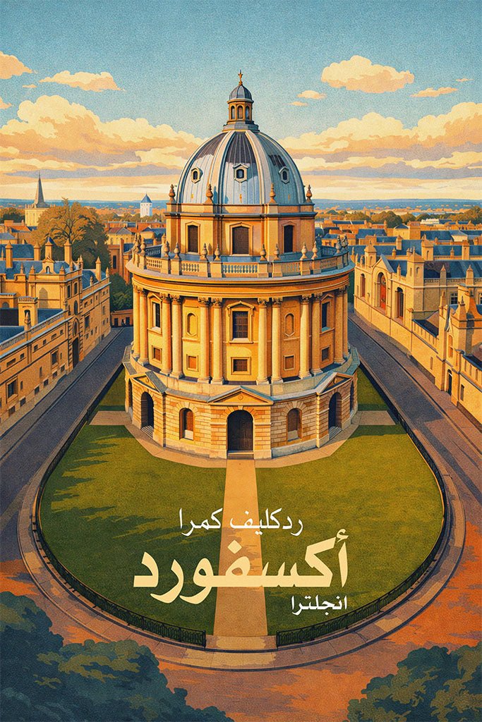Digital art travel poster of the Radcliffe Camera in Oxford, England. Features the iconic circular dome building at the centre with a warm sunset glow and blue sky.