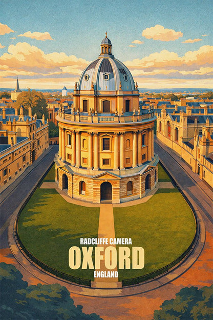 Digital art travel poster of the Radcliffe Camera in Oxford, England. Features the iconic circular dome building at the centre with a warm sunset glow and blue sky.