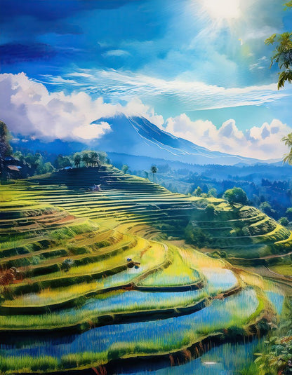 The "Paddy Terraces" by FN Prints captures a vibrant landscape of terraced rice paddy fields basking under the sun. The terraces gracefully descend into the valley, their waters mirroring the blue sky. Majestic mountains rise in the background under a partly cloudy sky, creating a serene and lush scene of natural splendor.