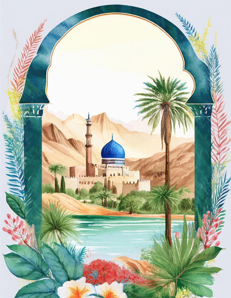 Introducing "Palestinian Oasis of Reflection" by FN Prints: An exquisite illustration of a picturesque desert landscape viewed through an ornate arch. The scene showcases a stunning sandstone mosque with a blue dome and tall minaret, surrounded by majestic palm trees and mountains. Vibrant green foliage and colorful flowers frame the foreground in this captivating Palestine-inspired artwork.