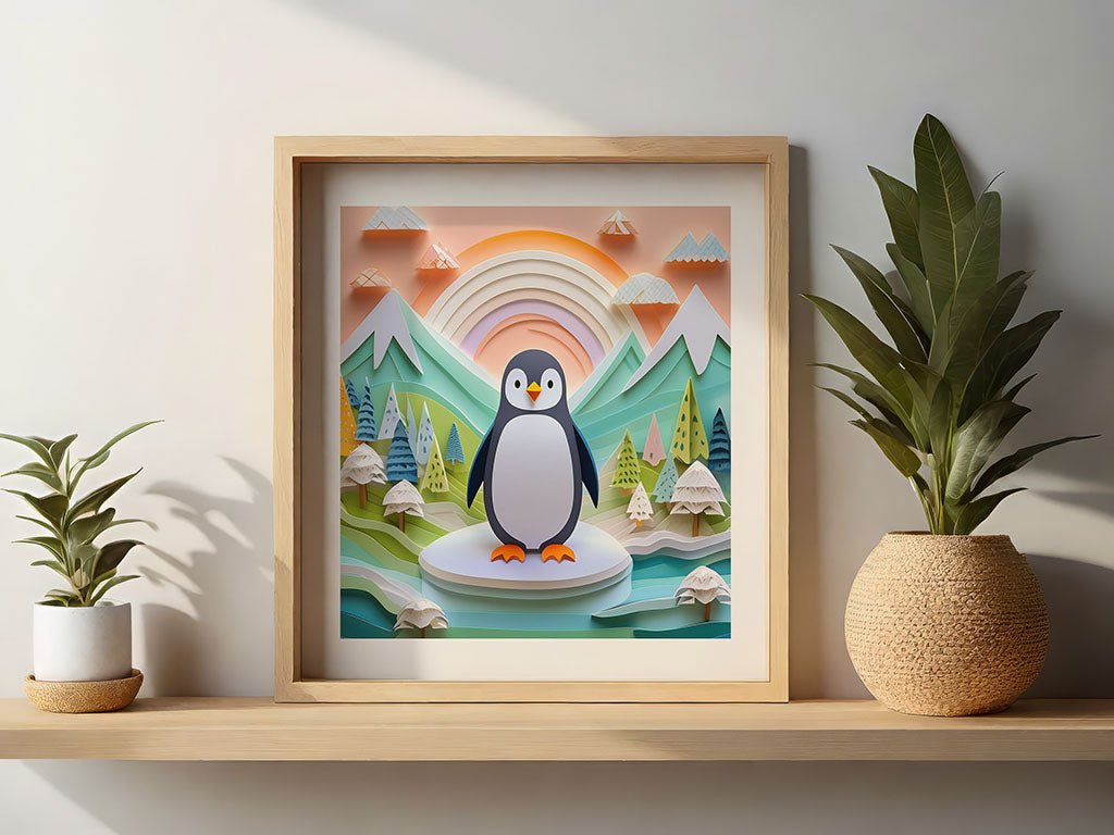 The framed artwork, "Paniz The Penguin" by FN Prints, features a cartoon penguin standing on ice, reminiscent of a whimsical Antarctic scene. It's surrounded by stylized mountains and trees under a vibrant, layered sky. On either side of this delightful piece of children's art are two potted plants resting on a wooden shelf.