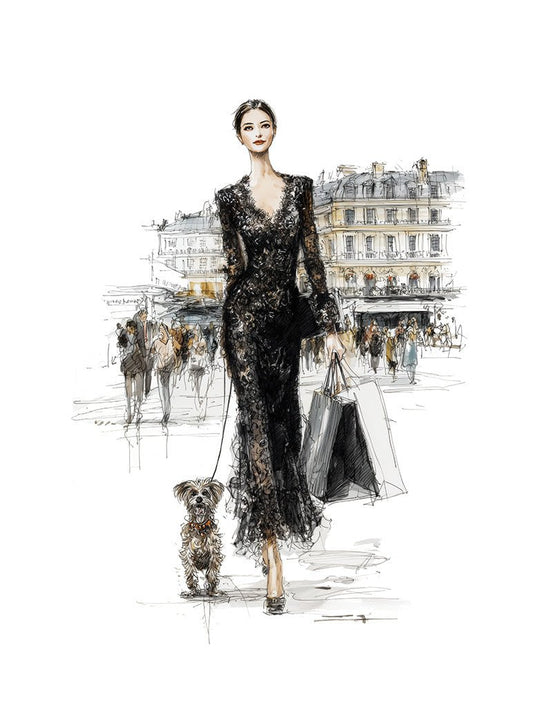 Parisian Glam by FN Prints: A chic fashion illustration of a woman in a long black lace dress with shopping bags, walking her dog on a city street—stylish Parisian wall decor featuring elegant buildings and people.