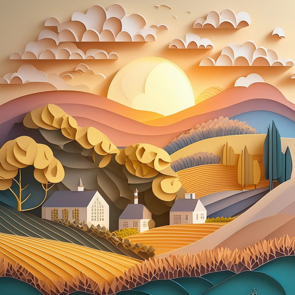 The *Pastel Countryside Sunset* by FN Prints features a vibrant digital art piece that beautifully captures a pastel countryside landscape filled with rolling hills, fields, trees, and two charming houses. The sky is adorned with layered clouds while the setting sun bathes the scene in a warm glow. The intricate layers and textures impart a distinctive folded paper effect, enhancing its three-dimensional appeal.