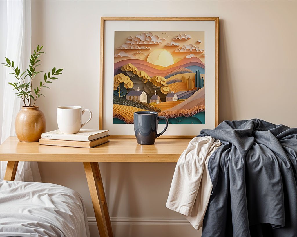 A wooden table holds two mugs and a small stack of books. A framed "Pastel Countryside Sunset" by FN Prints, reminiscent of a digital art piece, is propped up at the back. A vase with greenery sits beside it. A jacket and shirt are casually draped over the right side, while a bed is partially visible on the left.