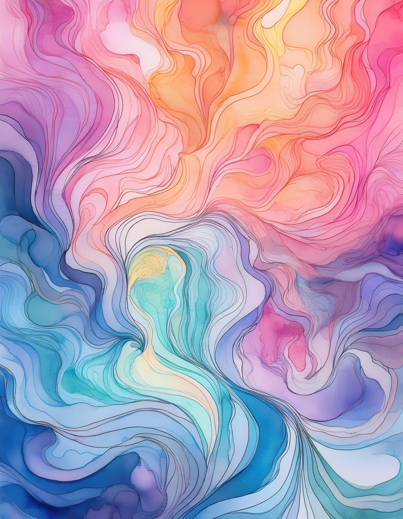 Pastel Currents," a vibrant abstract digital painting by FN Prints, showcases swirling patterns in shades of pink, orange, blue, and purple. The design features flowing waves and organic shapes that create a harmonious and dynamic visual effect with a tranquil palette.