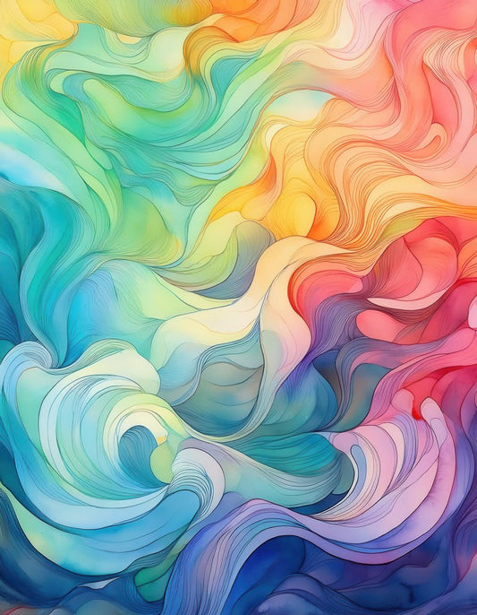 Introducing "Pastel Drift" by FN Prints—an abstract digital masterpiece showcasing dynamic swirling patterns in a warm pastel palette with hues of blue, green, yellow, orange, and red. The flowing lines add a captivating sense of movement and depth to the artwork.