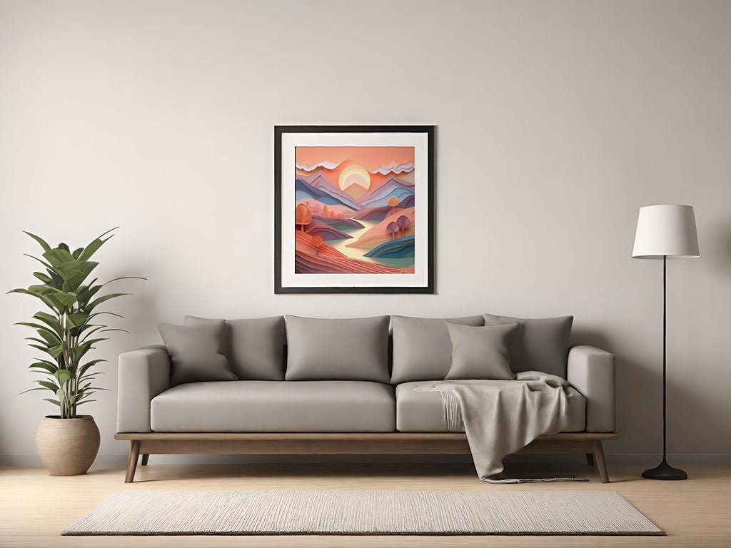 In a contemporary living room, a gray sofa, draped with a light gray blanket, faces the viewer. Above the sofa hangs "Pastel Lakeview," a digital art print by FN Prints featuring a serene natural landscape. To the right is a floor lamp, while to the left stands a potted plant.