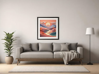 In a contemporary living room, a gray sofa, draped with a light gray blanket, faces the viewer. Above the sofa hangs "Pastel Lakeview," a digital art print by FN Prints featuring a serene natural landscape. To the right is a floor lamp, while to the left stands a potted plant.