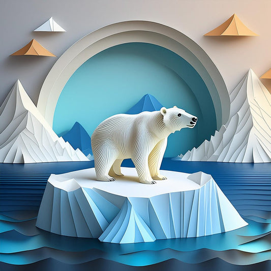 The digital illustration, titled "Patrick The Polar Bear" by FN Prints, showcases a polar bear standing on an ice floe amidst blue waters, encircled by abstract geometric mountains and clouds. Ideal for children's room decor, a rainbow-like arc frames the bear against a tranquil sky, offering a visually captivating and contemporary depiction of the Arctic landscape.