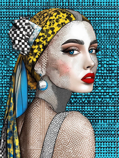 This digital artwork from FN Prints, "Pearl Earring Pop," features a pop art portrait of a woman with blue eyes and red lipstick. She is adorned with a patterned headscarf and large pearl earring, set against a background of turquoise geometric patterns, creating a vintage comic book look.