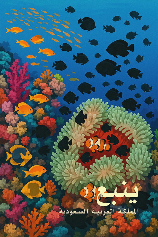 Underwater scene with colorful fish and coral, featuring the text 'YANBU Saudi Arabia'.