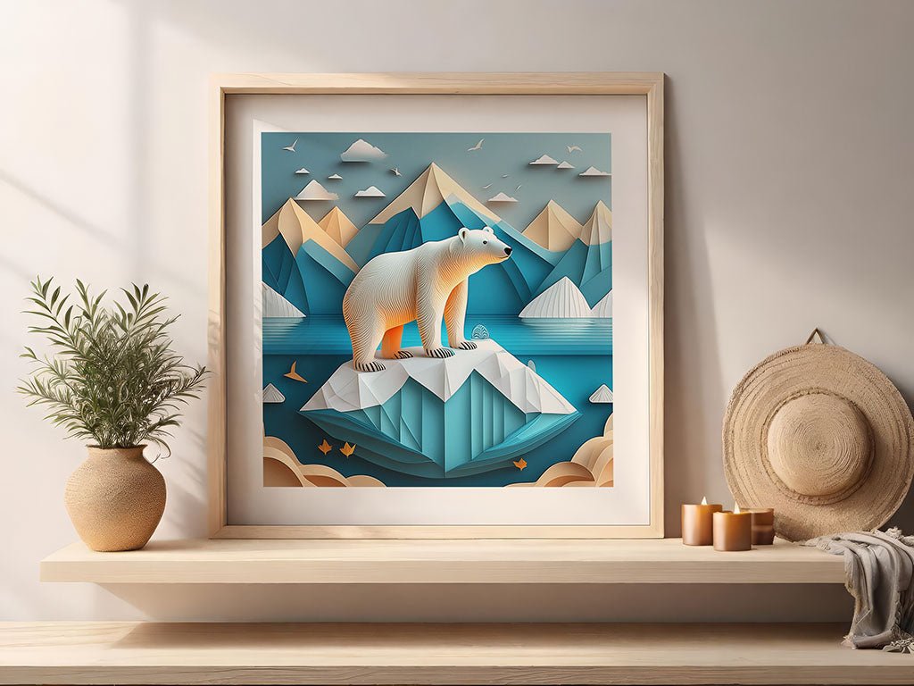 FN Prints' 'Penelope The Polar Bear' artwork captures a majestic polar bear standing on an iceberg within a stylized Arctic landscape featuring mountains and a calm sea. With its geometric shapes and warm lighting, it's ideal for nursery decor. Below, a wooden shelf holds a potted plant, hat, and candles.