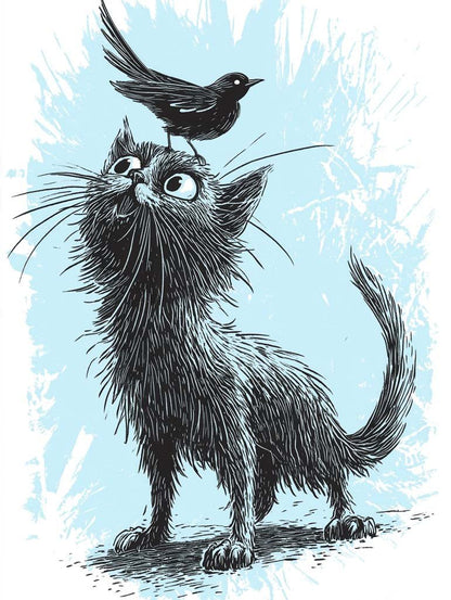 In a whimsical moment, FN Prints' "Perched Pals" features a fluffy, wide-eyed black cat gazing up at a small bird perched playfully on its head. This comic-style digital illustration presents a light blue background that contrasts with the bold black lines of the drawing, capturing their endearing interaction.