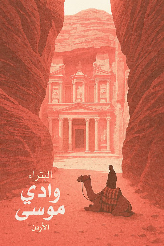 Illustrated vintage-style poster of Petra’s Treasury (Al-Khazneh) in Wadi Musa, Jordan, framed by red sandstone cliffs.