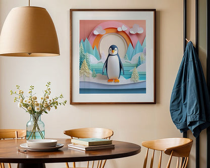 A cozy dining area with a round wooden table and chairs features a FN Prints framed picture of Peyton The Penguin in a pastel Antarctic landscape on the wall. A hanging lamp and a vase with flowers adorn the table, while a denim jacket is draped by the window.