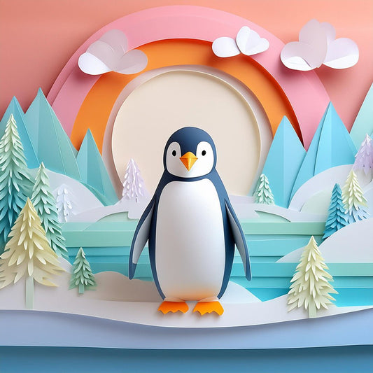 Peyton The Penguin, a charming cartoon character from FN Prints, stands in a whimsical Antarctic landscape made of pastel-colored paper craft. The background features stylized trees, a sun or moon, and fluffy clouds in soft hues of pink, blue, and white. This creates a playful and serene atmosphere perfect for children's digital art.