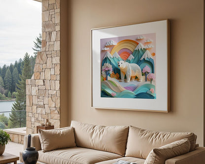 A cozy living room with beige walls and a large window offering a vibrant view of the forest and lake. Positioned beneath "Phaedra The Polar Bear," a vivid piece of children's digital artwork by FN Prints, is a plush beige sofa. The artwork depicts the polar bear in a whimsical scene featuring mountains and a rainbow. Stone detailing enhances the charm of the left wall.