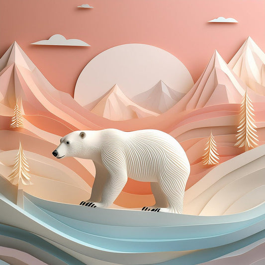 FN Prints presents "Phoebe The Polar Bear," a stylized illustration capturing a polar bear in exquisite paper-cutout art style. Phoebe stands gracefully on an icy landscape, surrounded by abstract pastel mountains and trees. The sky above transitions from pink to orange in a beautiful gradient, featuring a large sun and delicate clouds—ideal as nursery wall art.