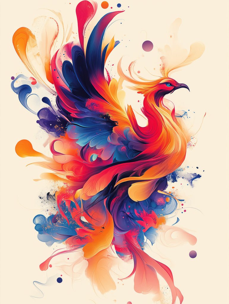 Colorful abstract phoenix illustration in red, orange, blue, and violet tones. Dynamic modern wall art for bold interior design.
