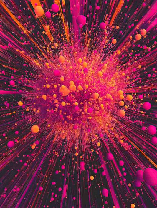 Introducing the "Pink Orange Explosion" by FN Prints: a vibrant digital masterpiece featuring an abstract form. This dynamic artwork presents a burst of pink, orange, and yellow spheres radiating from a central point against a dark backdrop, creating the visual effect of a cosmic explosion of color and energy.