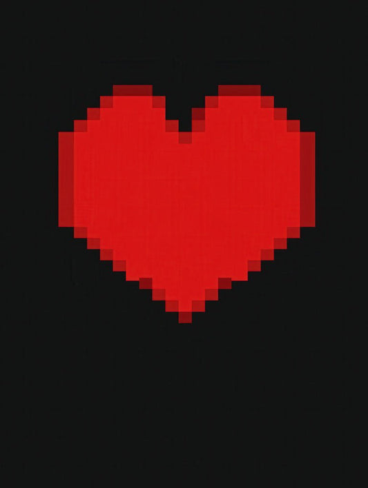 A minimalist art print of a pixelated red heart on a black background, inspired by classic 8-bit video game graphics, perfect for modern and retro-themed spaces.