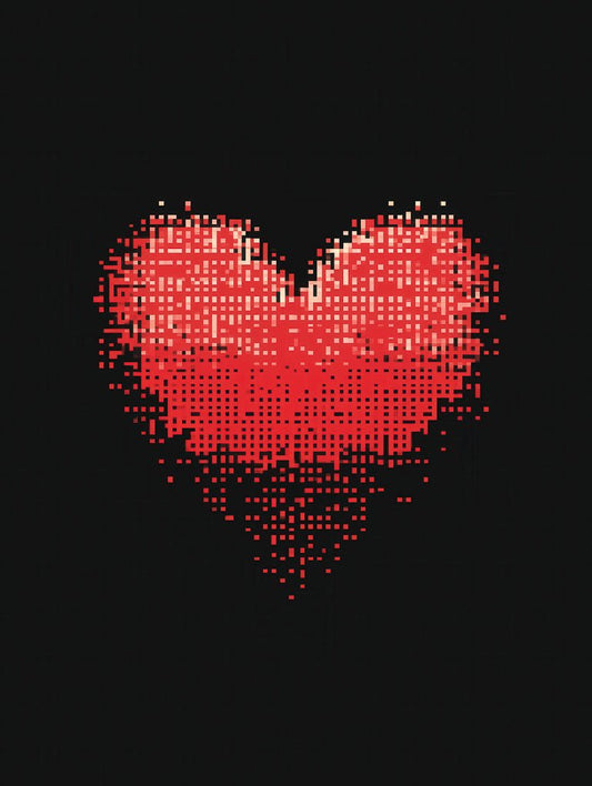 A dynamic pixelated red heart breaking into smaller pieces against a black background, representing love and energy in a contemporary digital art style.