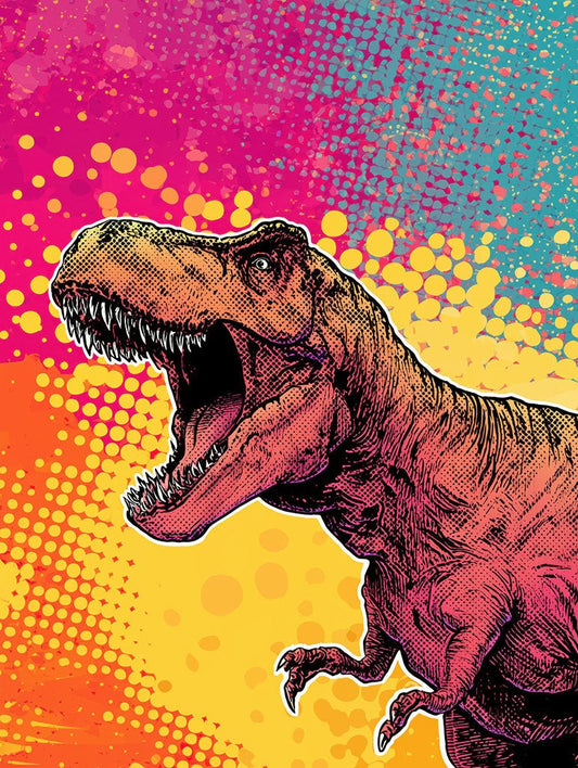 Pop Art Dinosaur by FN Prints: Roaring T. rex facing left with a vibrant comic-style background in pink, blue, orange, and yellow, featuring dots and splatter patterns—perfect as pop art poster or T-Rex wall art.