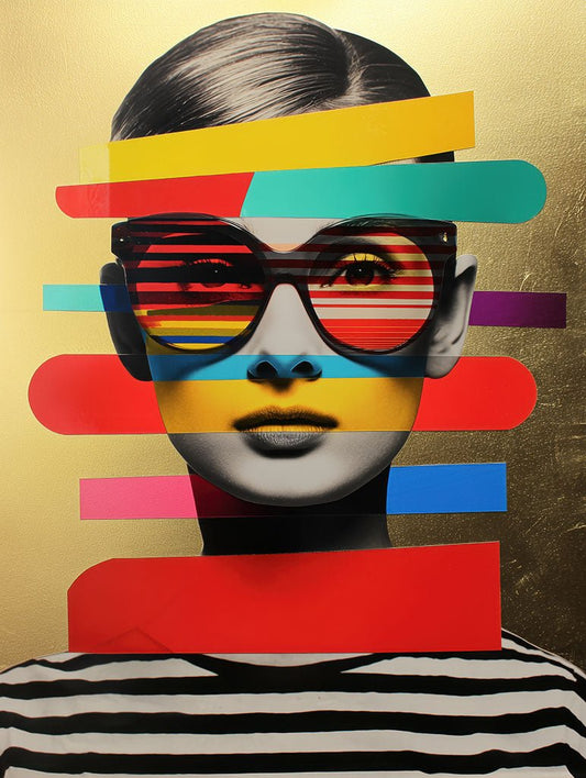 Pop Visage by FN Prints is a contemporary black and white portrait of a woman with slicked-back hair and large glasses, featuring a striped shirt, colorful horizontal stripes, intersecting shapes, and a gold background.