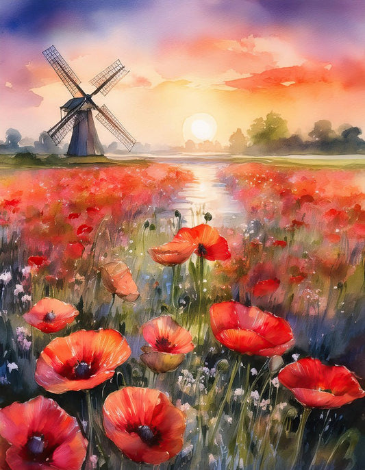 The FN Prints artwork, "Poppy Fields at Sunset," is a serene watercolor painting that captures a vibrant field of red poppies beneath a colorful sky. It features a windmill by a calm river that mirrors the setting sun in the Dutch countryside, surrounded by lush greenery. The sky radiates warm hues of orange, pink, and purple.