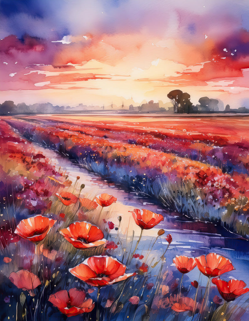 The "Poppy Meadow" by FN Prints is a vibrant watercolor painting showcasing a sunset meadow filled with red poppies beneath a colorful sky. The rich hues seamlessly transition from deep purples and blues to warm oranges and pinks. A narrow path meanders through the flowers, guiding the viewer's eye towards a distant horizon highlighted by silhouetted trees.