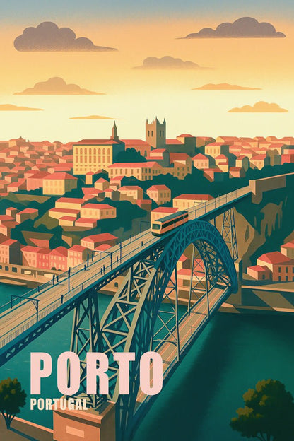 Vintage-style illustration of Dom Luís I Bridge in Porto, Portugal, with a tram crossing at sunset over the Douro River.