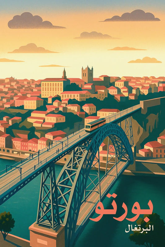 Vintage-style illustration of Dom Luís I Bridge in Porto, Portugal, with a tram crossing at sunset over the Douro River.