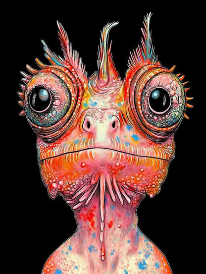 This abstract digital artwork by FN Prints, titled "Psychedelic Chameleon," is set against a black background and showcases a chameleon with large, round eyes. Its vibrant scales and unique textures enhance its symmetrical face, which is adorned with spiky brows and an expressive demeanor.