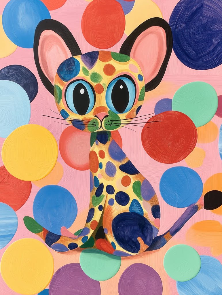 The "Purrfect Whimsy" by FN Prints features a colorful, cartoon-style cat with oversized ears and eyes against a pink backdrop that evokes abstract art. The cat's fur is adorned with multicolored spots, and the vibrant circles in the background enhance the whimsical charm of this delightful piece.