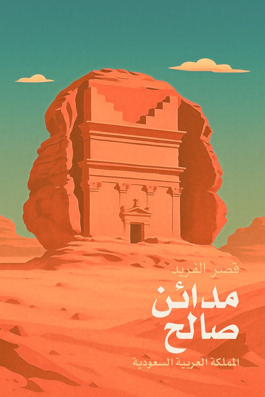 Illustration of Qasr al-Farid tomb in Madain Saleh, Saudi Arabia, with Arabic text and red sandstone landscape.