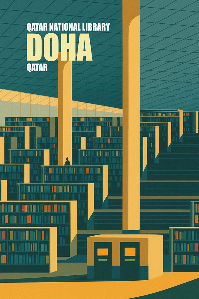 Illustration of the Qatar National Library in Doha with bookshelf design.