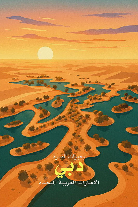 Illustration of Qudra Lakes in Dubai, United Arab Emirates with a sunset over the water.