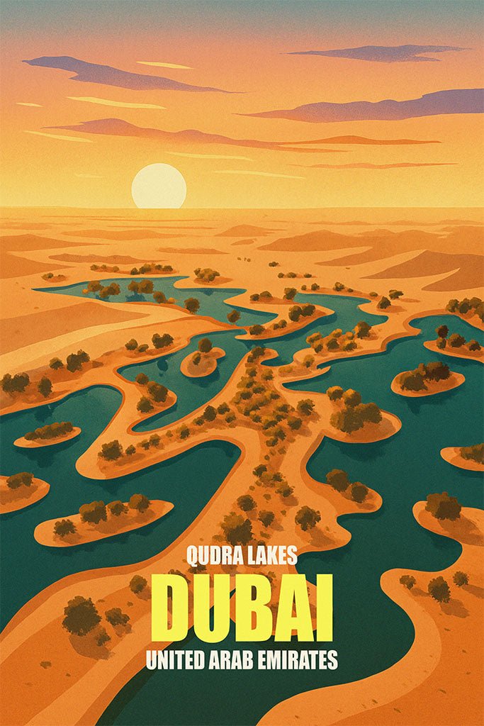 Illustration of Qudra Lakes in Dubai, United Arab Emirates with a sunset over the water.