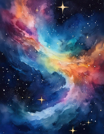 FN Prints' Rainbow Galaxy offers a stunning depiction of a vibrant cosmic scene featuring a swirling, colorful nebula with shades of blue, purple, orange, and pink. Bright stars are scattered throughout the scene, set against the dark, star-filled backdrop of outer space—truly capturing the cosmic beauty of this celestial marvel.