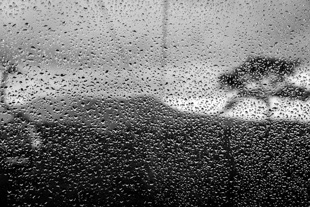 Raindrops falling on a window pane obscure the view outside, creating a blurred and misty scene where faint silhouettes of two trees emerge on the horizon under a cloudy sky. This melancholic, rainy day is beautifully captured in grayscale, embodying the essence of black and white photography in abstract wall art form by FN Prints. The piece, aptly named "Raindrops," showcases the brand's dedication to evoking emotion through minimalist design.