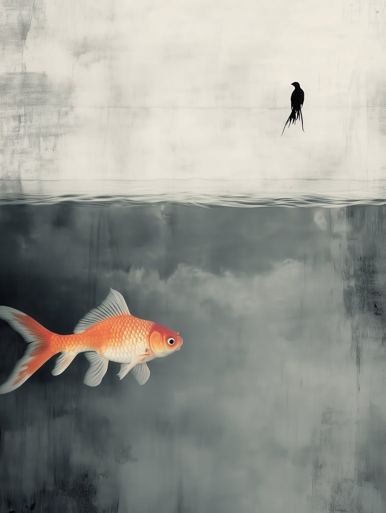 A surreal art print featuring a goldfish swimming beneath the water’s surface and a solitary bird perched above, creating a deep sense of solitude and reflection.