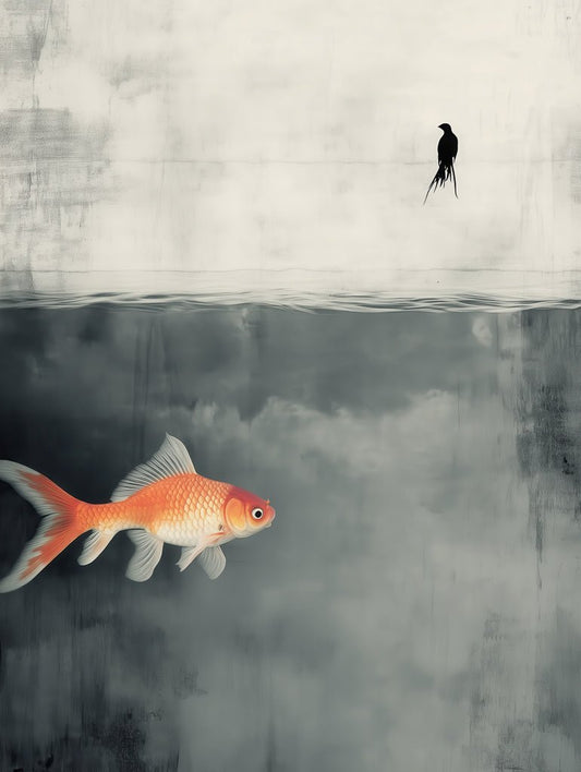 A surreal art print featuring a goldfish swimming beneath the water’s surface and a solitary bird perched above, creating a deep sense of solitude and reflection.
