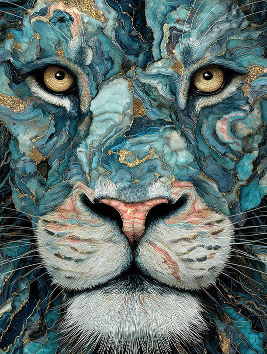 Regal Pulse by FN Prints features a close-up lion face with intricate blue, teal, and gold patterns, detailed fur texture, and striking yellow eyes—creating stunning museum-quality wall art.