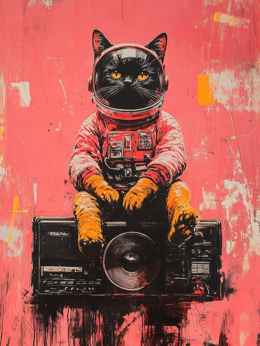 Black cat in a red astronaut suit sitting on a retro boombox with a hot pink textured background.