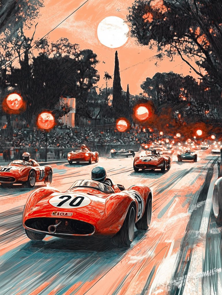 FN Prints' "Retro Grand Prix" showcases vintage racing cars, one marked with number 70, speeding on a tree-lined road during sunset, surrounded by a cheering crowd and bathed in warm orange light.