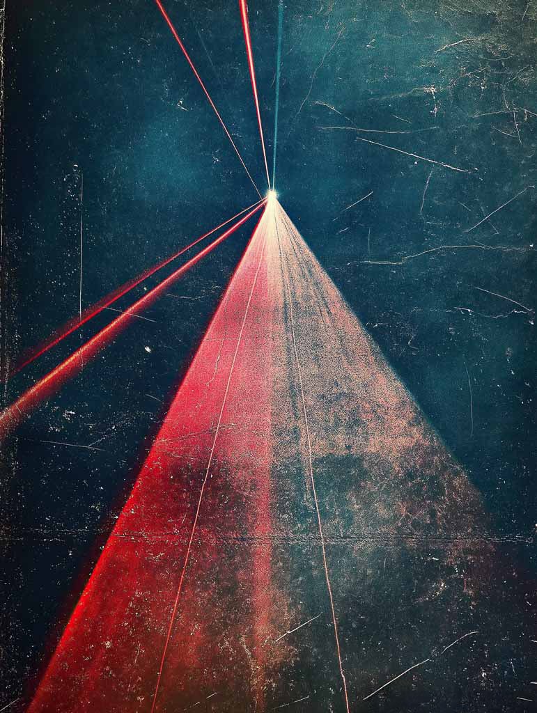 **FN Prints' Retro Rays** features a pyramid-like beam of red and white light radiating outward from a point, capturing vintage aesthetics against a textured dark blue background with visible scratches and lines, reminiscent of retro posters and bold design.