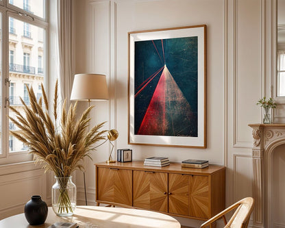 A modern living room featuring the "Retro Rays" abstract art piece by FN Prints, showcasing geometric shapes in blue and red, seamlessly blends with a touch of vintage aesthetics. The room includes a wooden sideboard, a table with a lamp, dried grasses in a vase, and tall windows welcoming natural light.