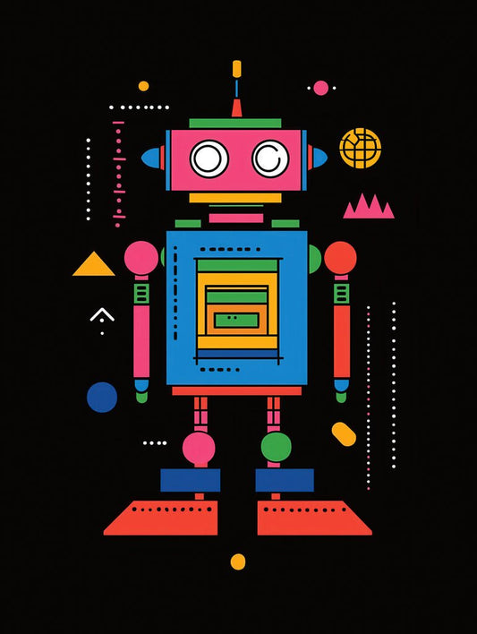 A colourful, geometric robot with vibrant red, blue, yellow, and green elements, surrounded by abstract shapes and patterns on a black background.