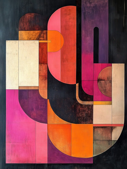 Abstract geometric art print with bold pink, orange, cream, and plum curved shapes.