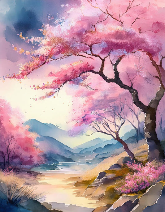 FN Prints' "River Among The Cherry Blossoms" showcases a serene Japanese landscape with blossoming pink cherry trees lining the banks of a calm river. Rolling hills and distant mountains under a soft, pastel sky complete the scene, evoking a sense of peace and natural beauty.